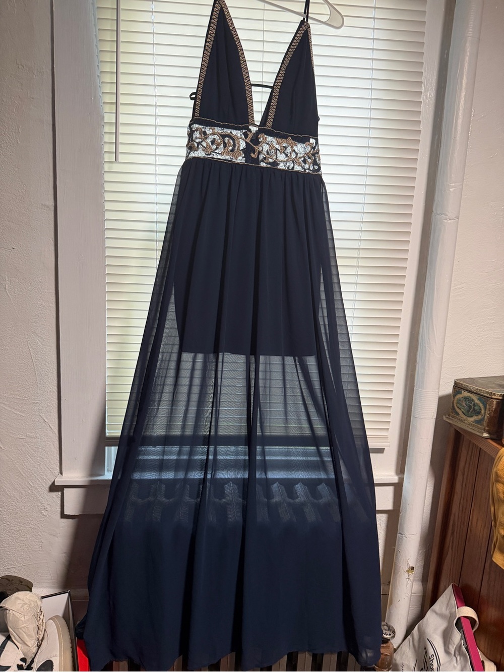 Soieblu Navy Maxi Dress with Embellished Waist